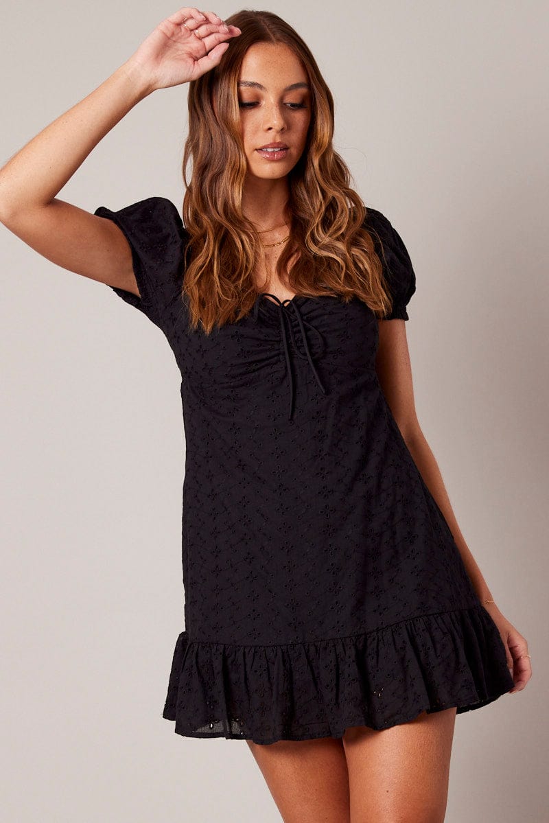 Black Fit And Flare Dress Puff Sleeve Mini for Ally Fashion