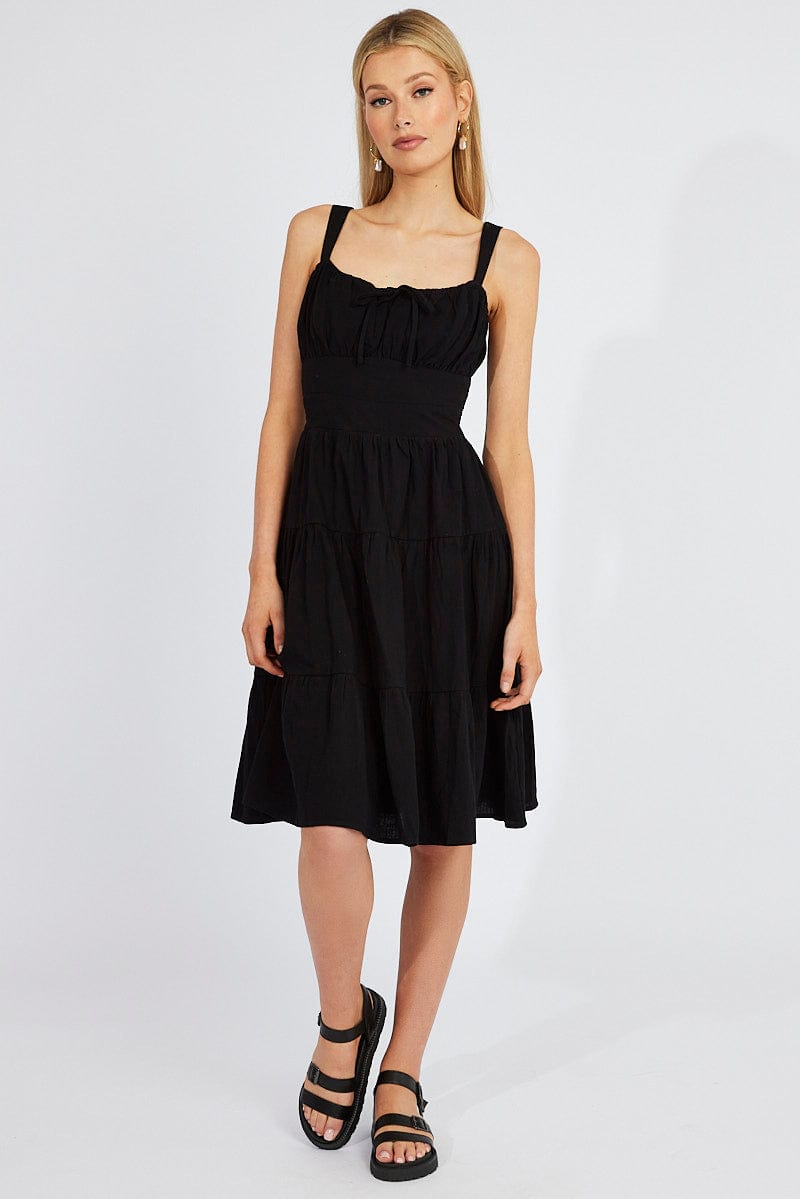 Black Midi Dress Strappy Tiered for Ally Fashion