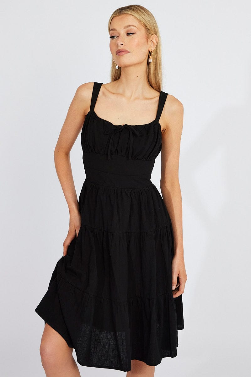 Black Midi Dress Strappy Tiered for Ally Fashion