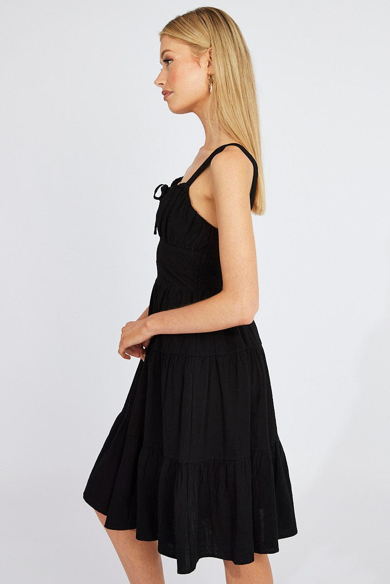 Black Midi Dress Strappy Tiered for Ally Fashion