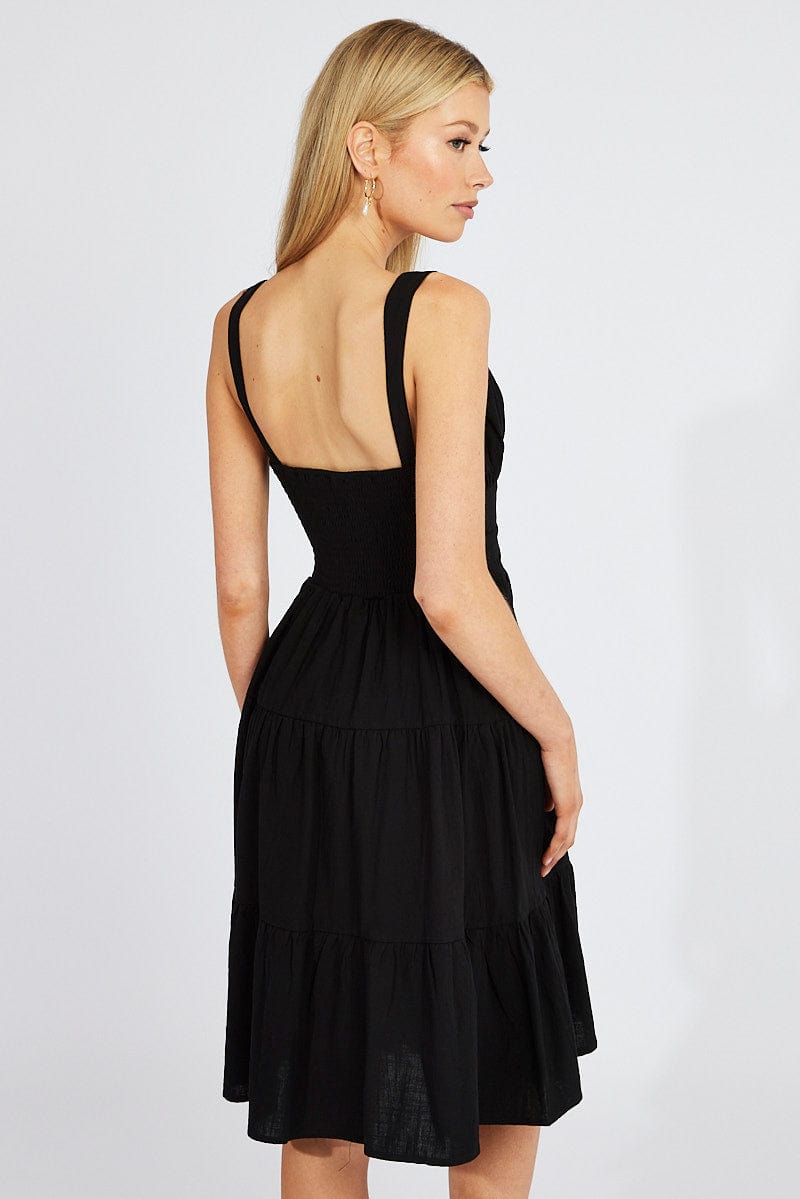 Black Midi Dress Strappy Tiered for Ally Fashion