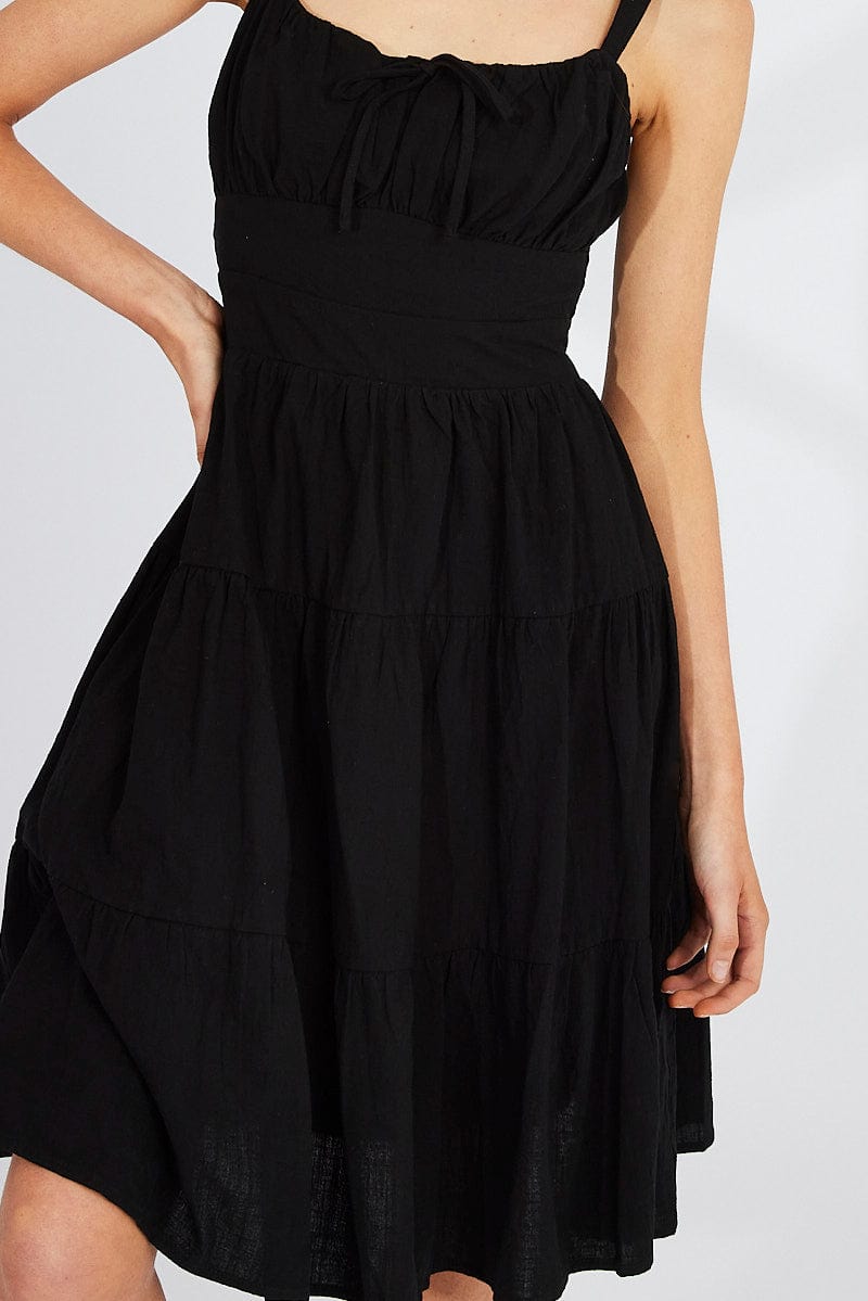 Black Midi Dress Strappy Tiered for Ally Fashion