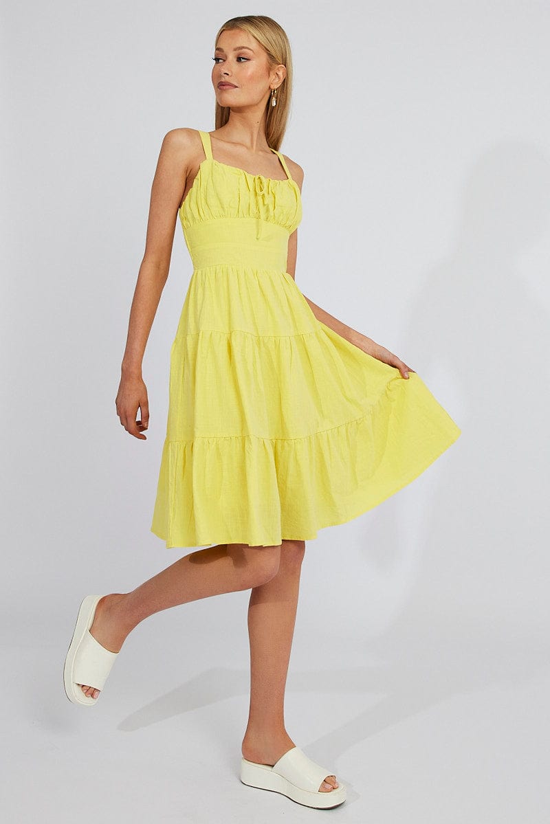 Yellow Midi Dress Strappy Tiered for Ally Fashion