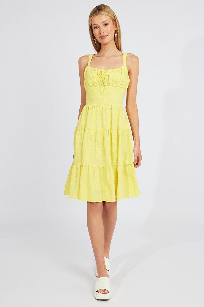 Yellow Midi Dress Strappy Tiered for Ally Fashion