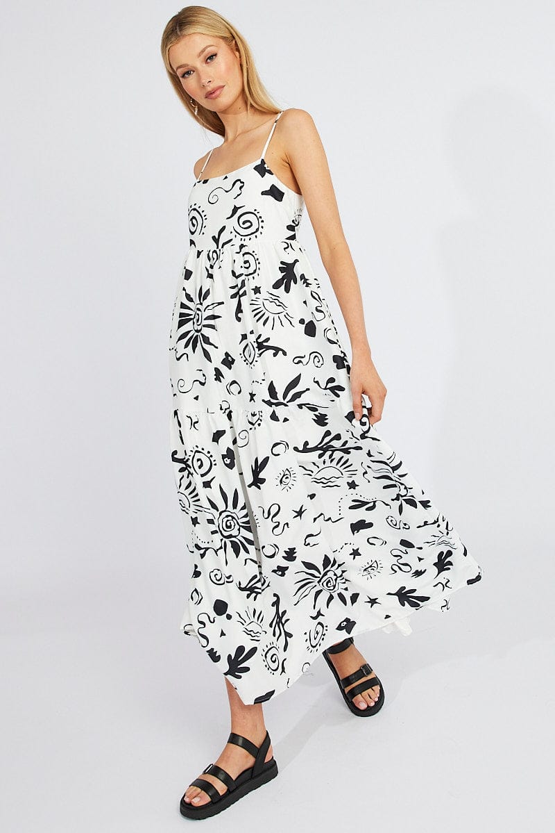 White Abstract Maxi Dress Strappy Tiered for Ally Fashion