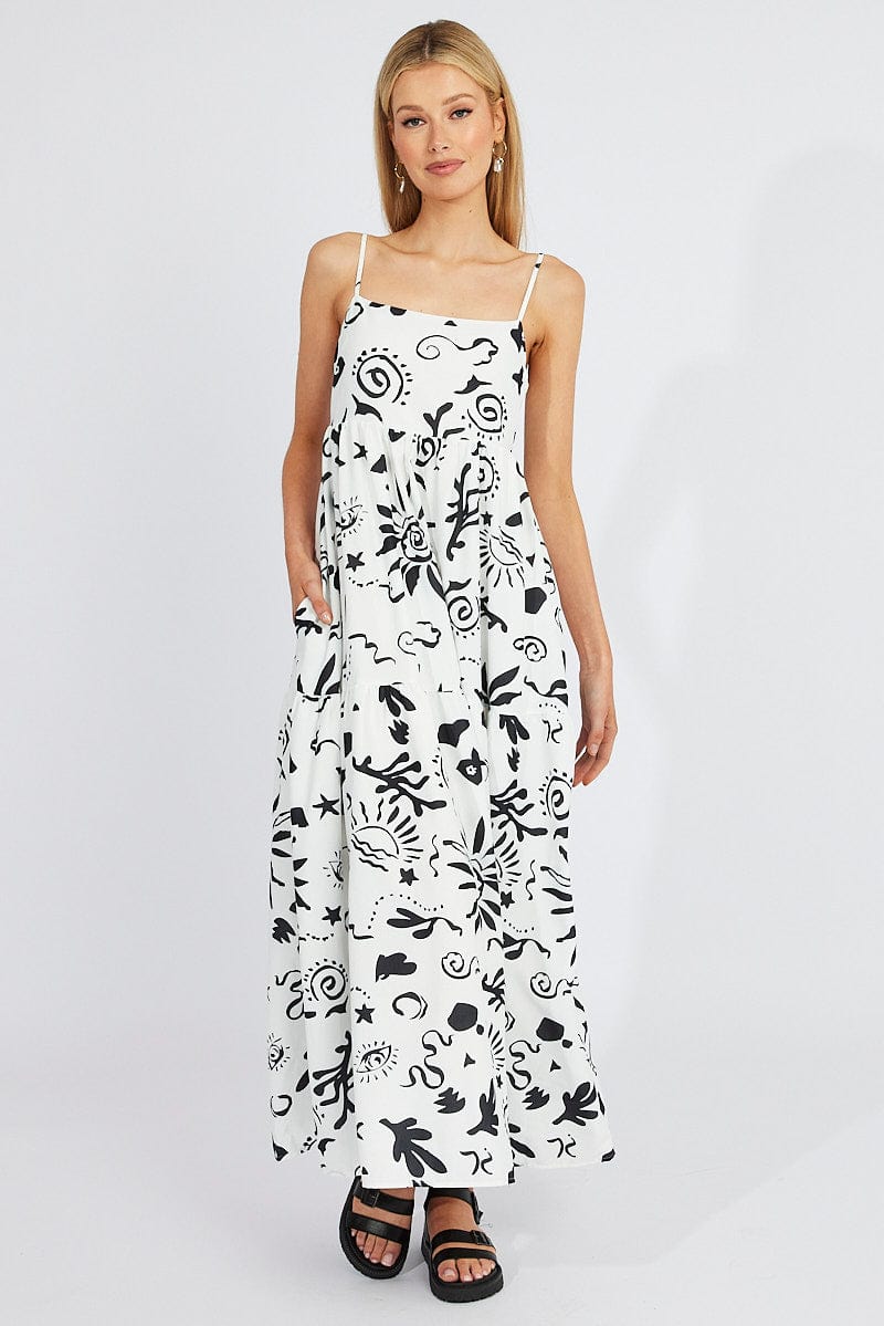 White Abstract Maxi Dress Strappy Tiered | Ally Fashion