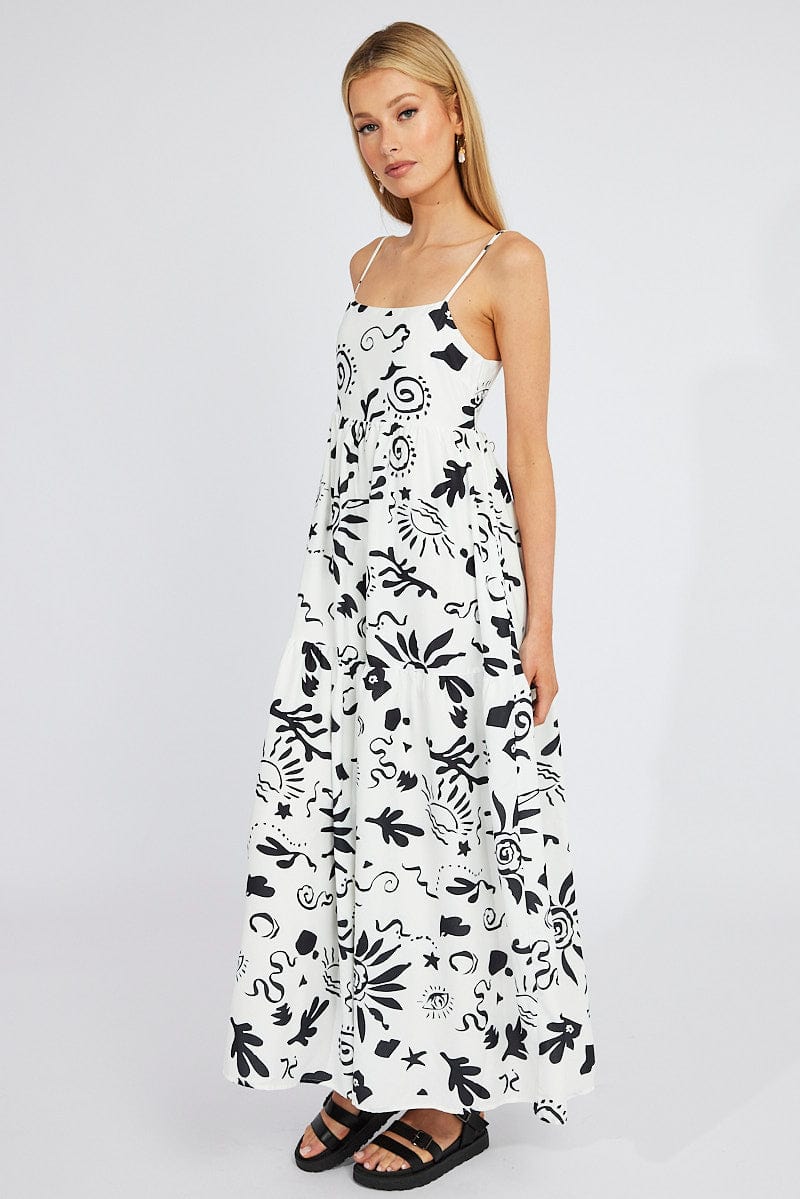 White Abstract Maxi Dress Strappy Tiered for Ally Fashion