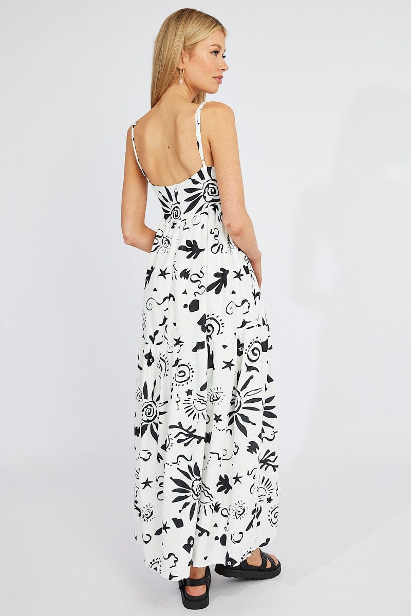 White Abstract Maxi Dress Strappy Tiered for Ally Fashion