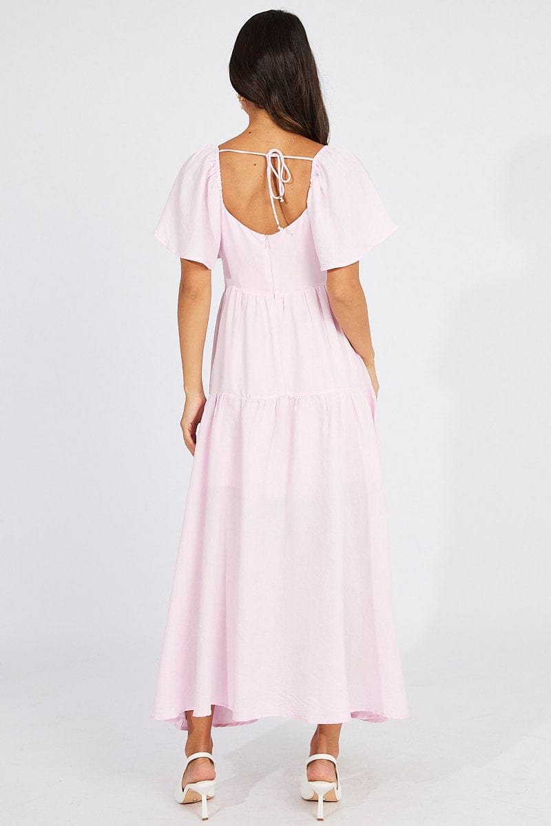 Pink Maxi Dress Square Neck Tiered | Ally Fashion