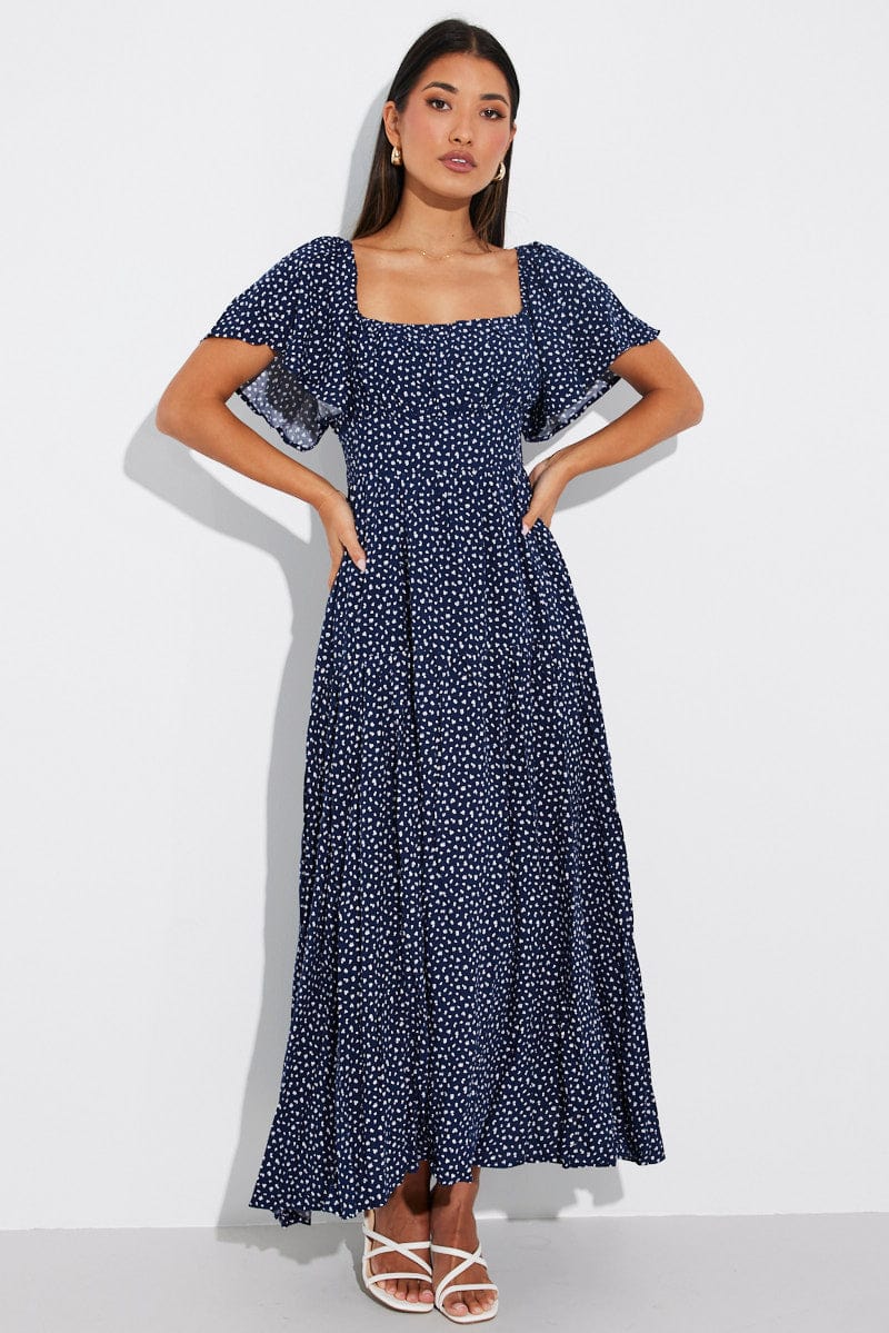 Blue Ditsy Maxi Dress Square Neck Tiered for Ally Fashion