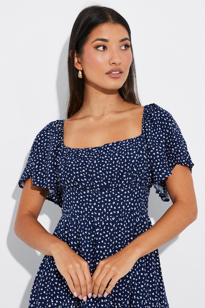 Blue Ditsy Maxi Dress Square Neck Tiered for Ally Fashion