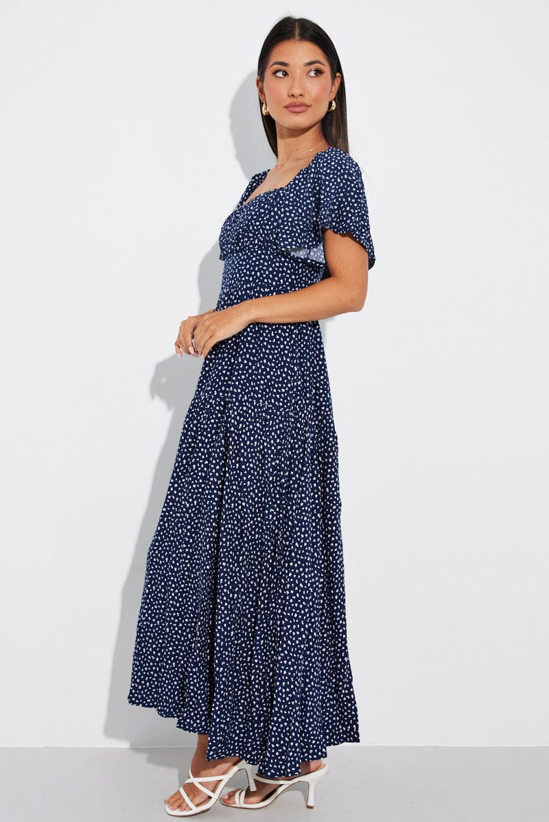Blue Ditsy Maxi Dress Square Neck Tiered for Ally Fashion