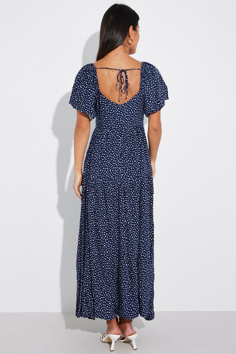 Blue Ditsy Maxi Dress Square Neck Tiered for Ally Fashion