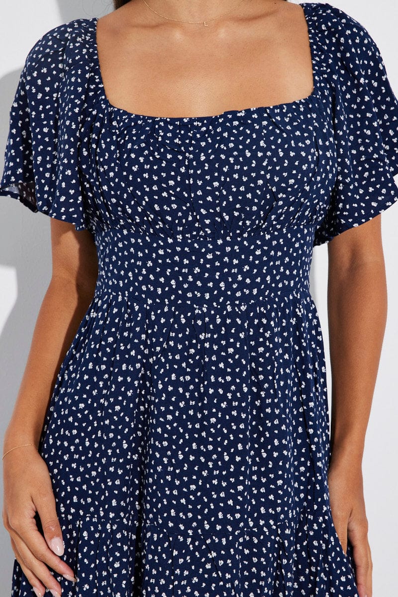 Blue Ditsy Maxi Dress Square Neck Tiered for Ally Fashion