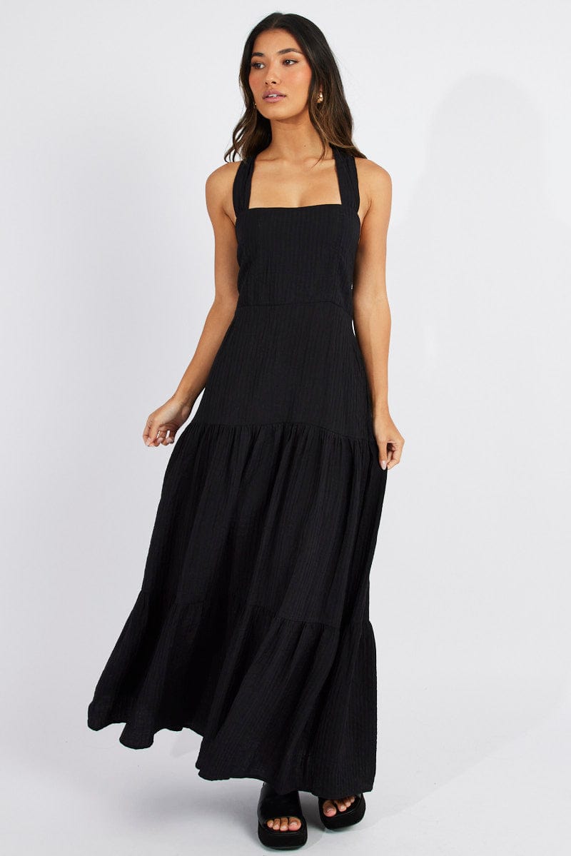 Black Maxi Dress Square Neck Tiered for Ally Fashion