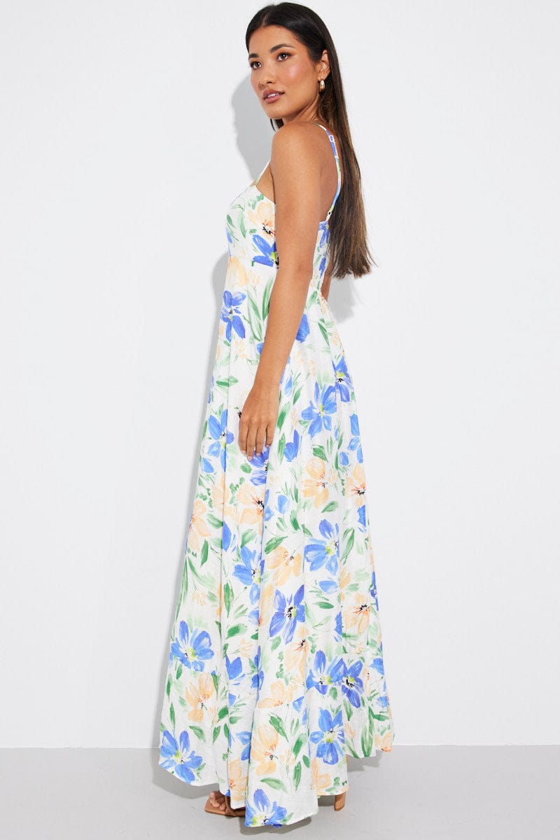 White Floral Maxi Dress Strappy for Ally Fashion