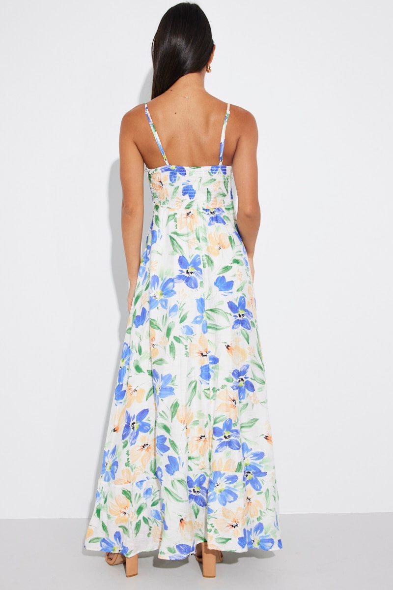 White Floral Maxi Dress Strappy for Ally Fashion