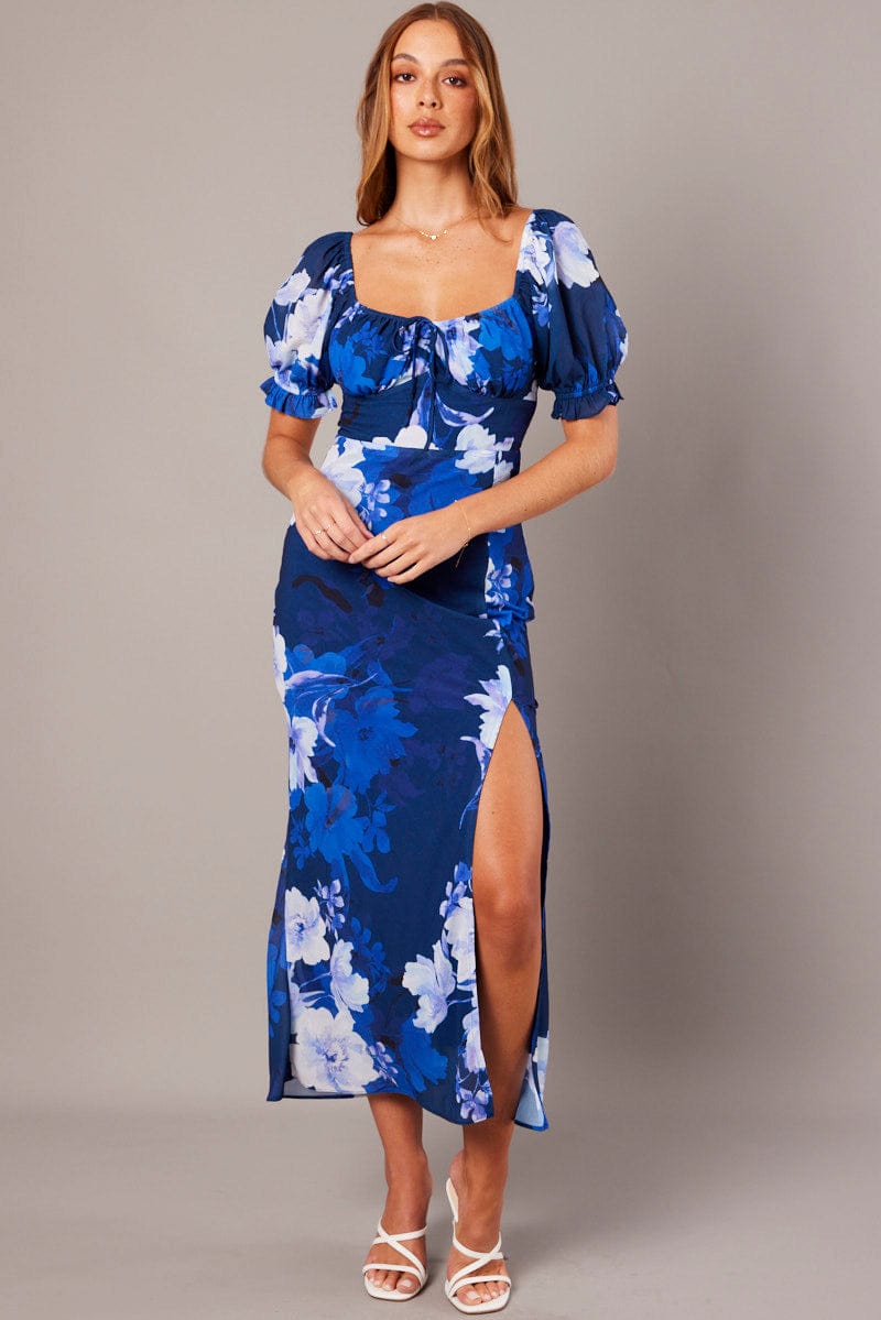Blue Floral Midi Dress Puff Sleeve for Ally Fashion