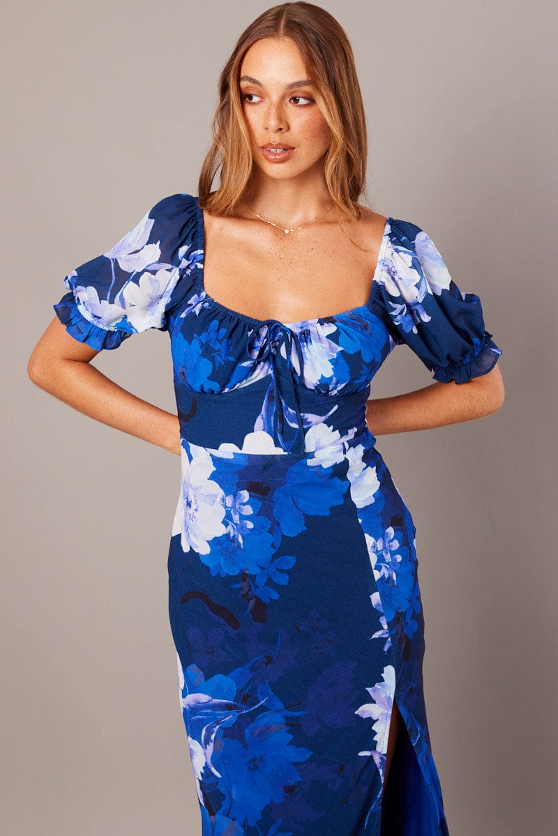 Blue Floral Midi Dress Puff Sleeve for Ally Fashion