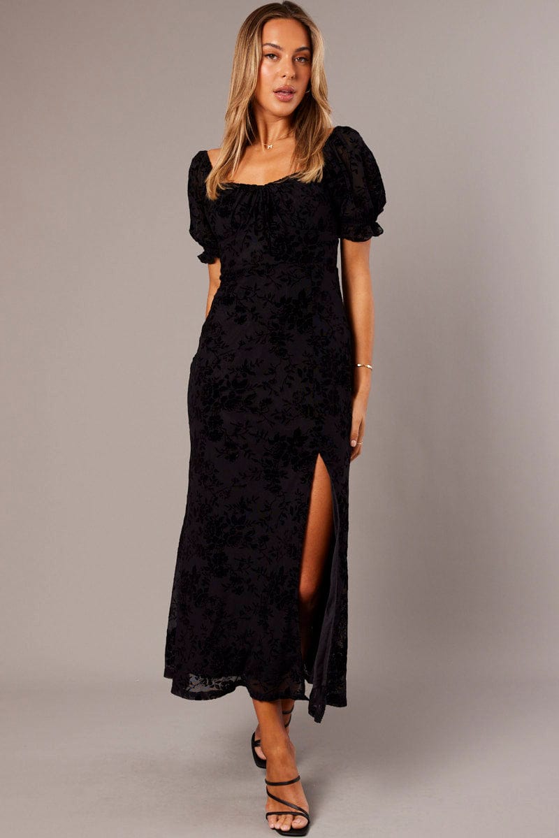 Black Midi Dress Puff Sleeve Burn Out for Ally Fashion