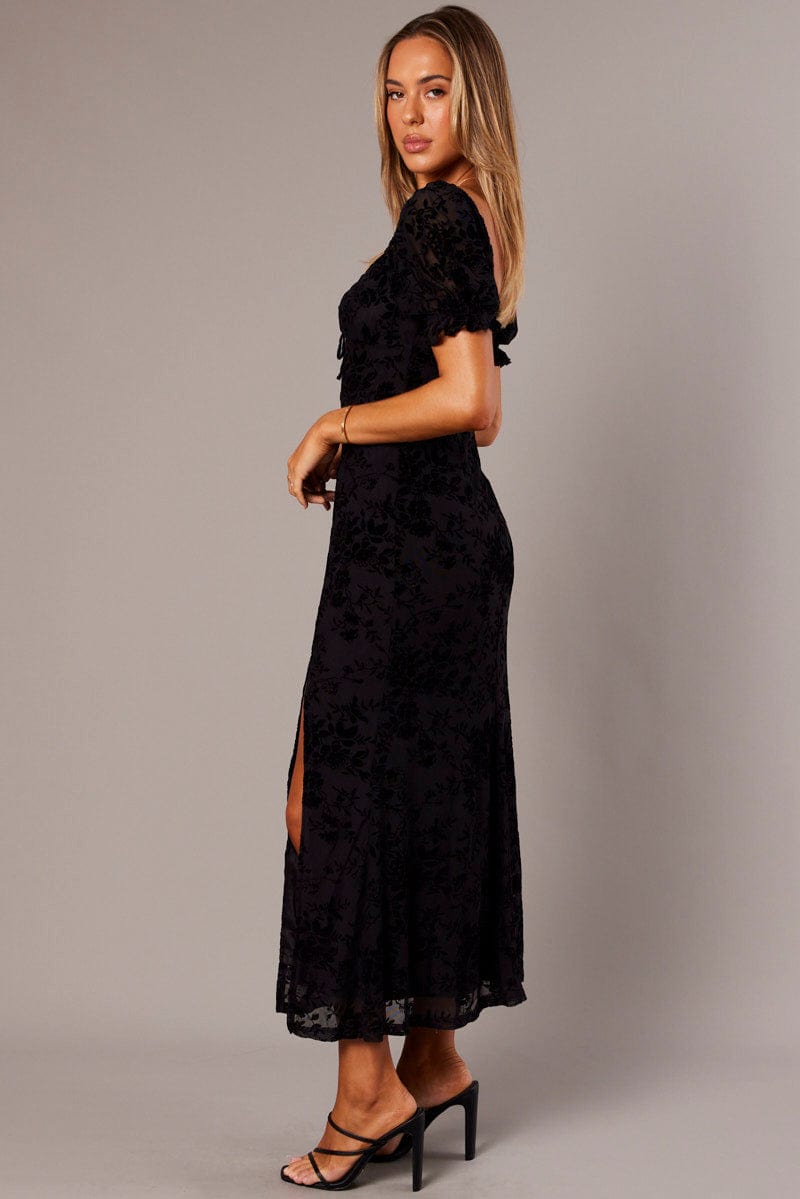Black Midi Dress Puff Sleeve Burn Out for Ally Fashion
