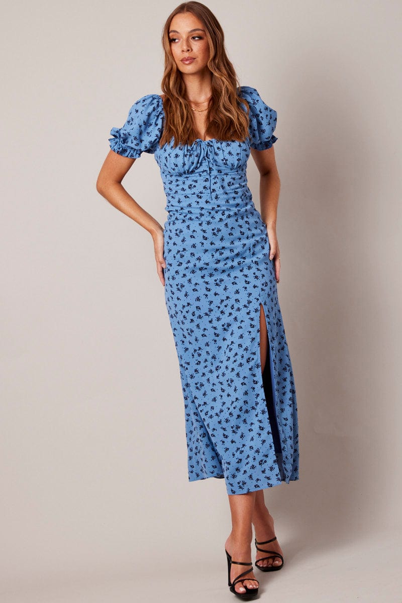 Blue Floral Midi Dress Puff Sleeve for Ally Fashion