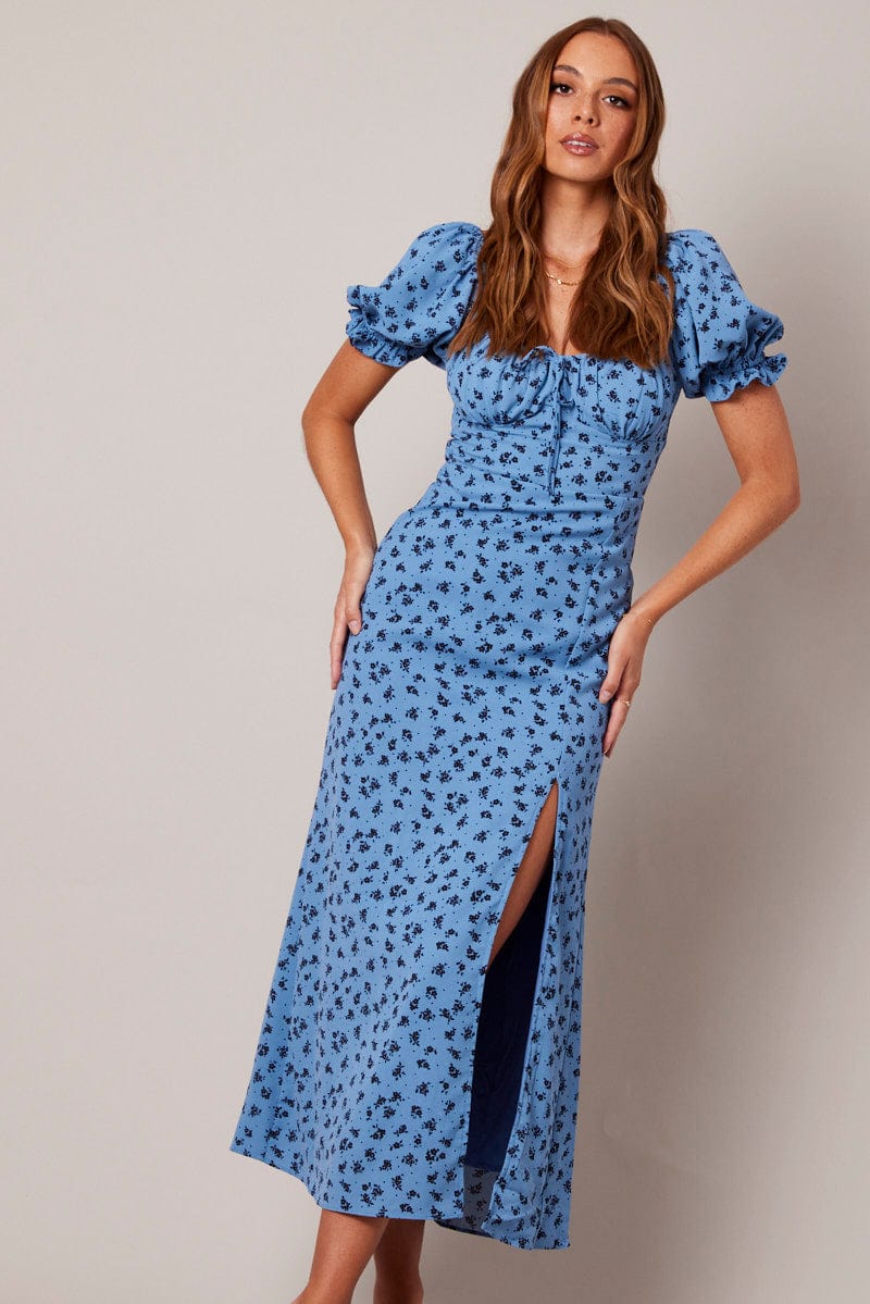 Blue Floral Midi Dress Puff Sleeve for Ally Fashion