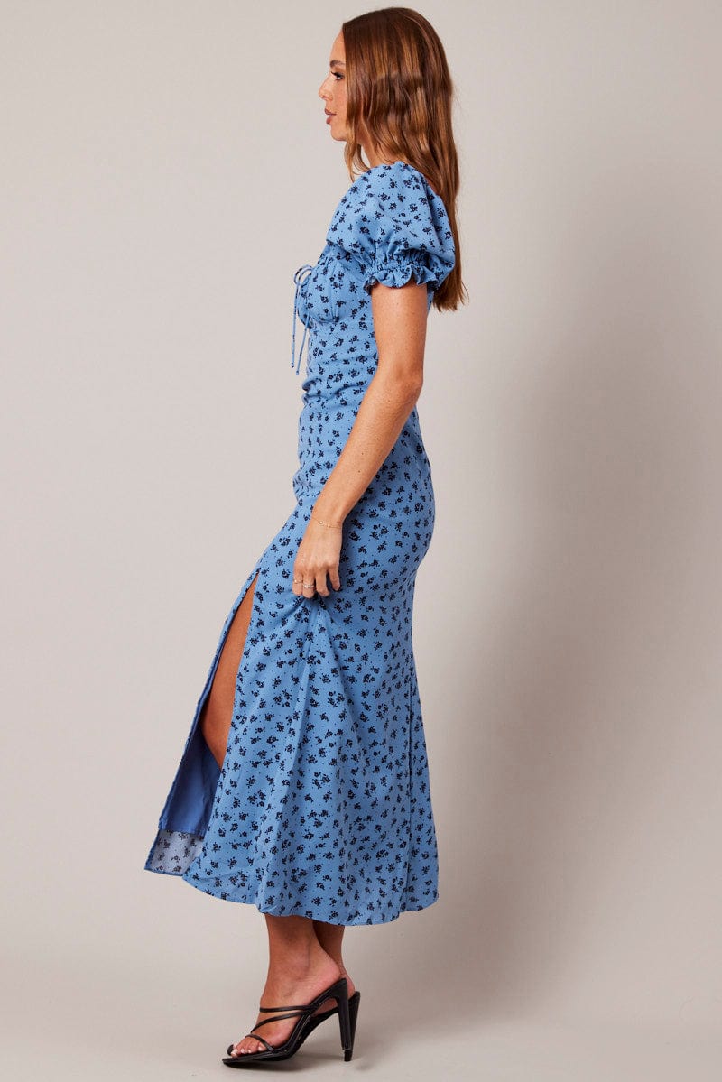 Blue Floral Midi Dress Puff Sleeve for Ally Fashion