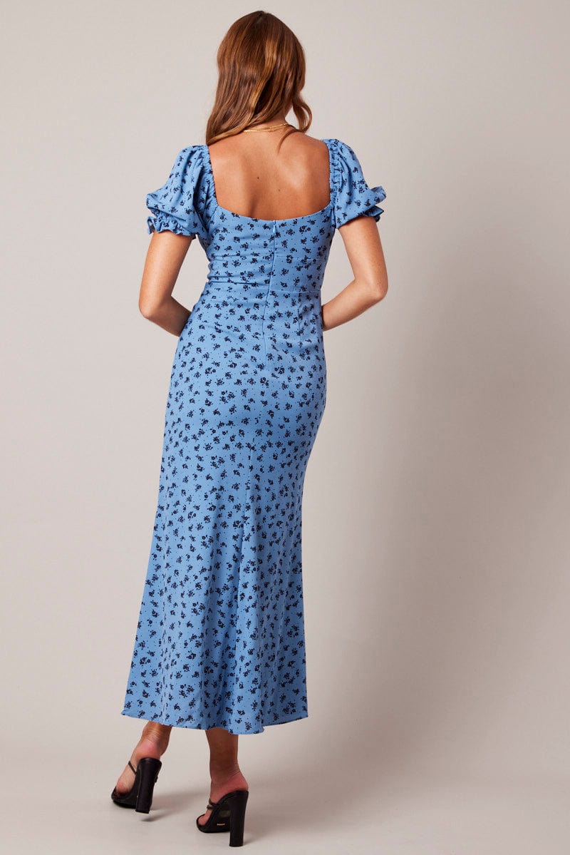 Blue Floral Midi Dress Puff Sleeve for Ally Fashion