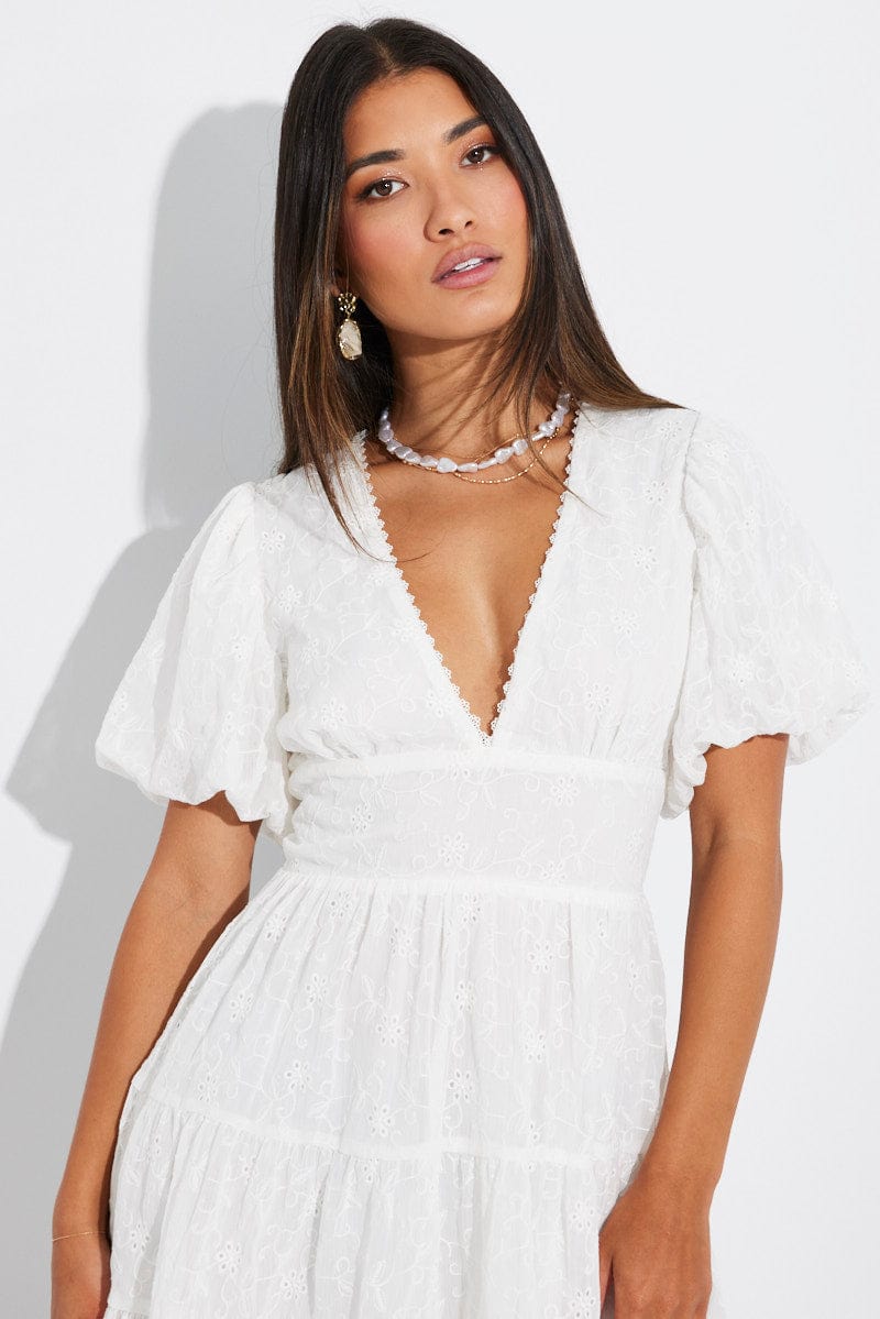 White Fit And Flare Dress Puff Sleeve Mini for Ally Fashion
