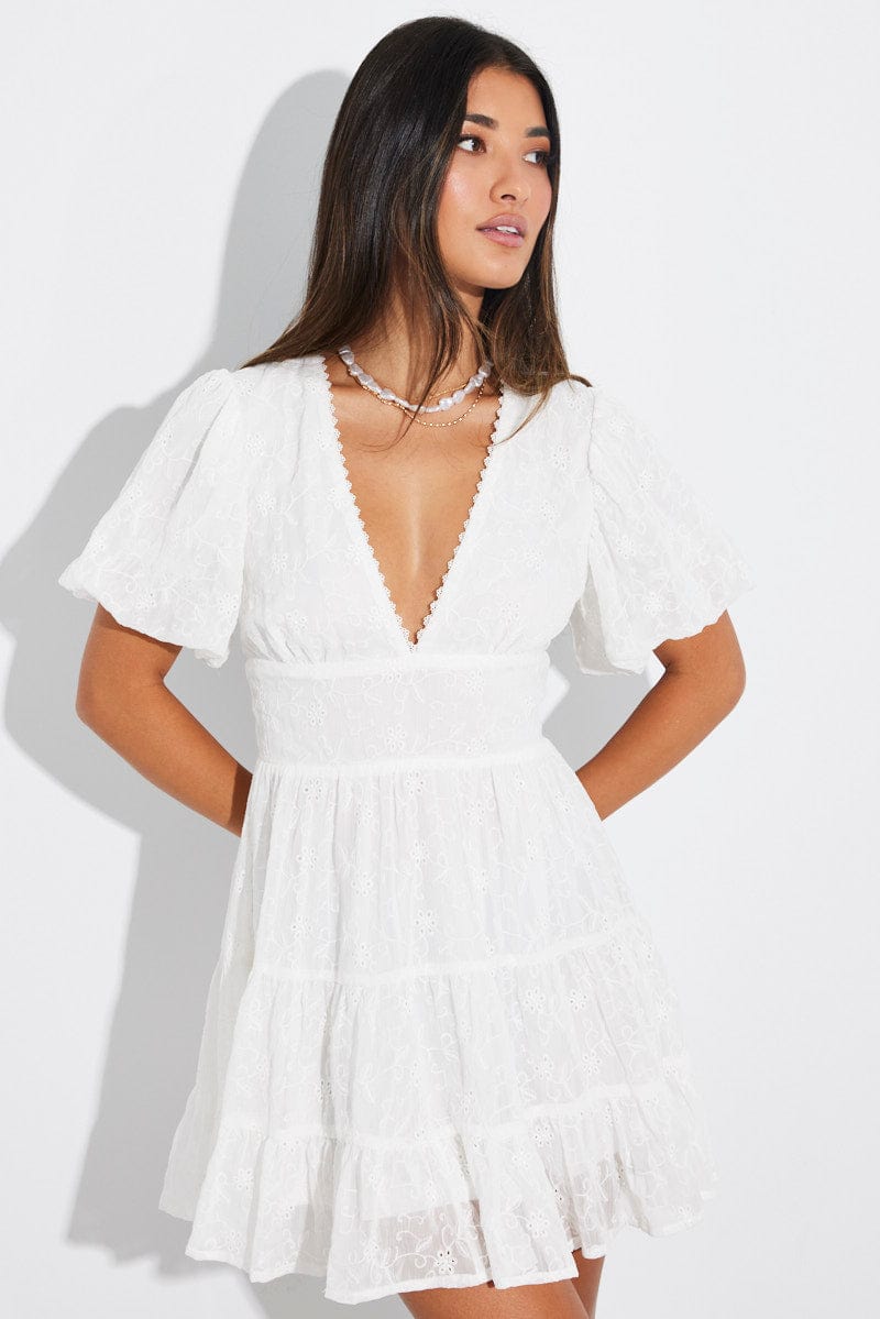 White Fit And Flare Dress Puff Sleeve Mini for Ally Fashion