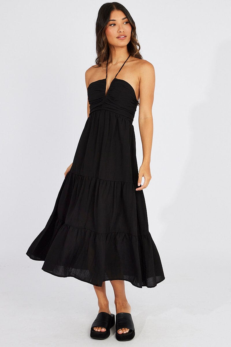 Black Maxi Dress Halter Neck Tiered for Ally Fashion