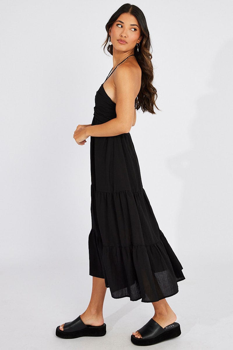 Black Maxi Dress Halter Neck Tiered for Ally Fashion