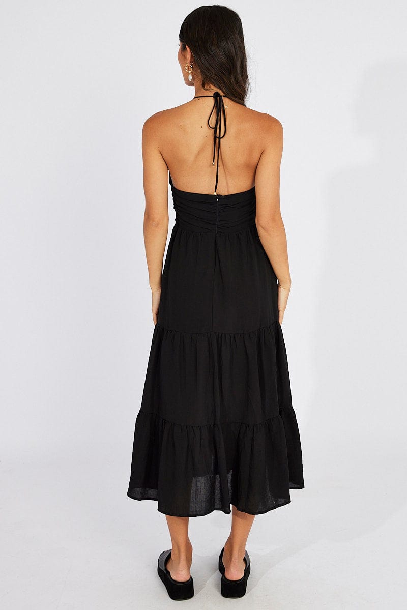 Black Maxi Dress Halter Neck Tiered for Ally Fashion