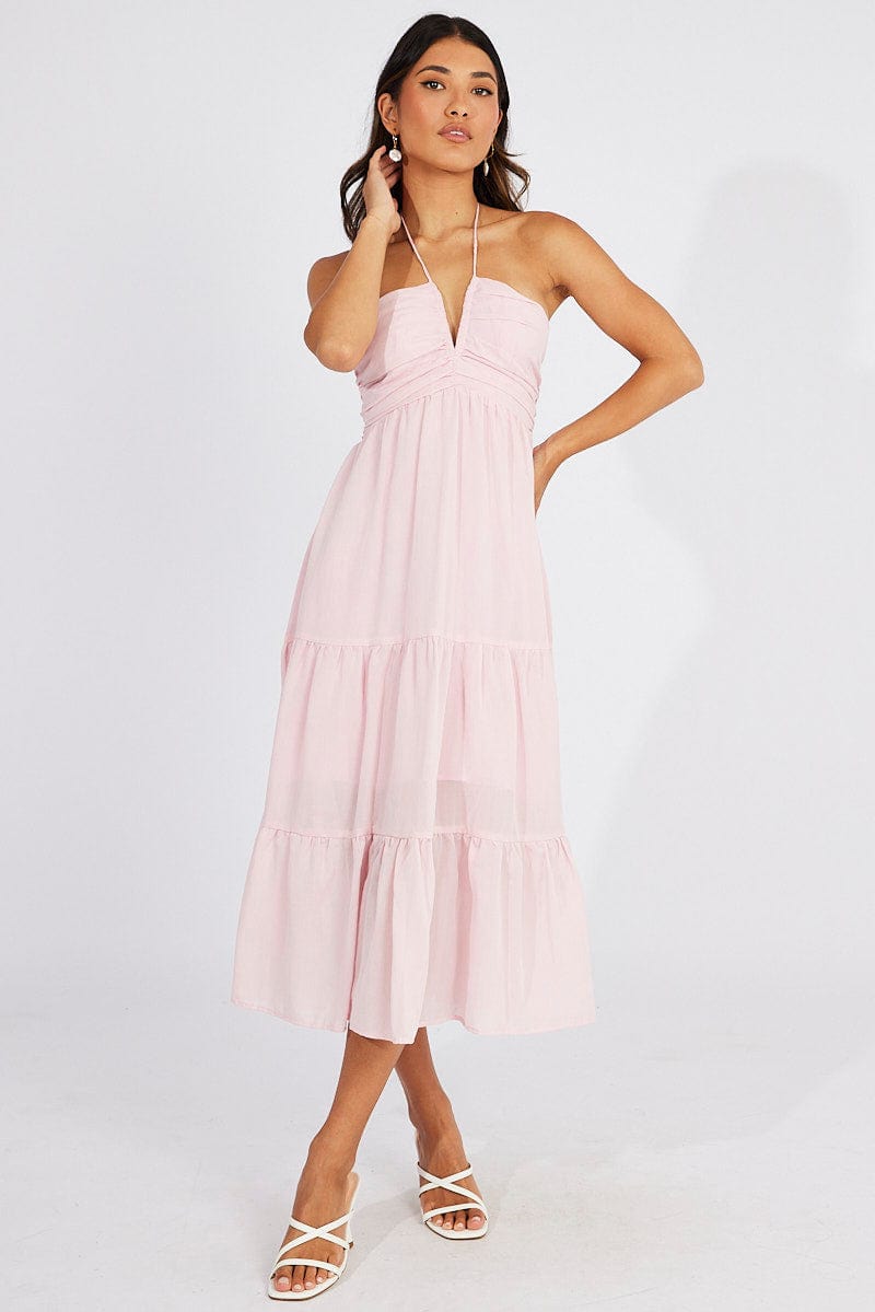 Pink Maxi Dress Halter Neck Tiered for Ally Fashion