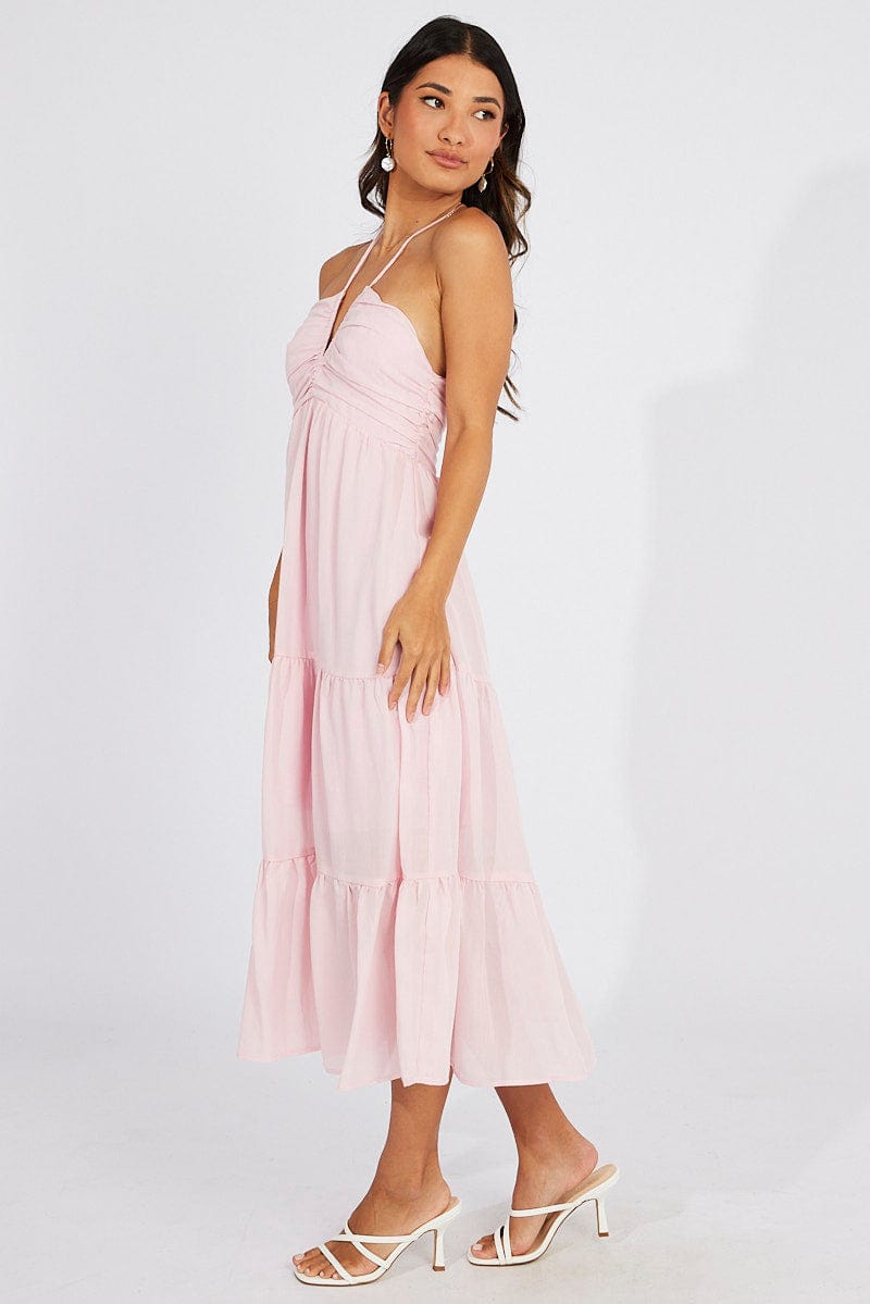 Pink Maxi Dress Halter Neck Tiered | Ally Fashion