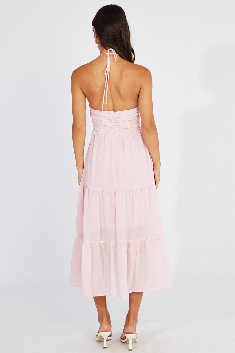 Pink Maxi Dress Halter Neck Tiered for Ally Fashion