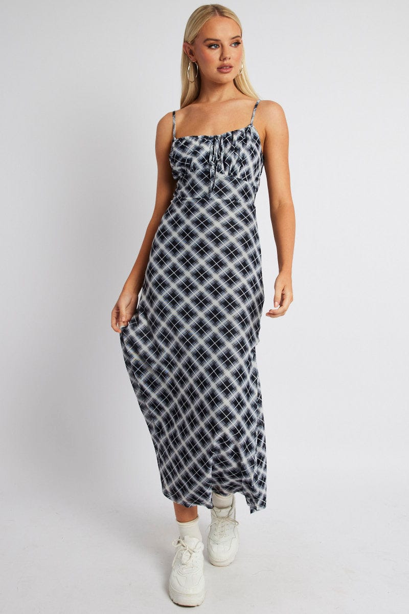 Black Check Midi Dress Gathered Bust Strappy Mesh for Ally Fashion