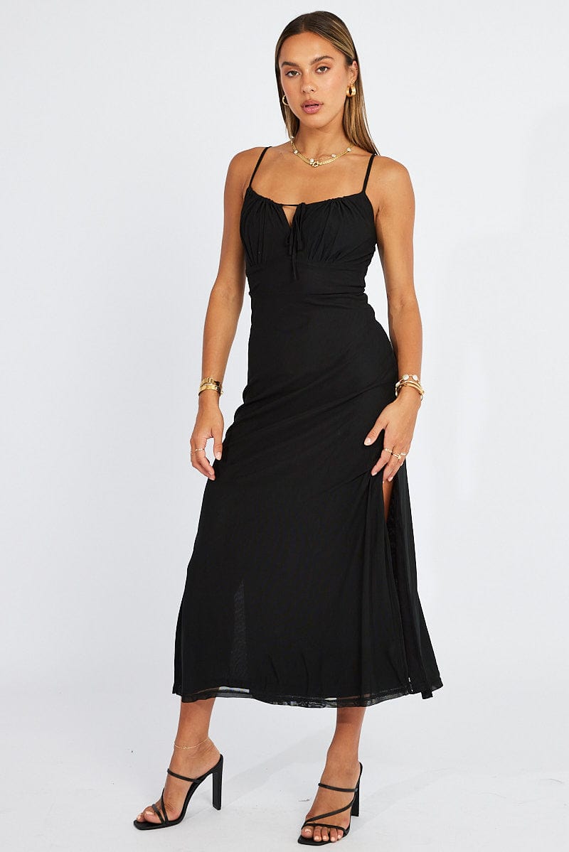 Black Midi Dress Gathered Bust Strappy Mesh | Ally Fashion