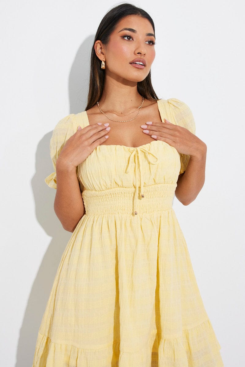 Yellow Fit And Flare Dress Puff Sleeve for Ally Fashion