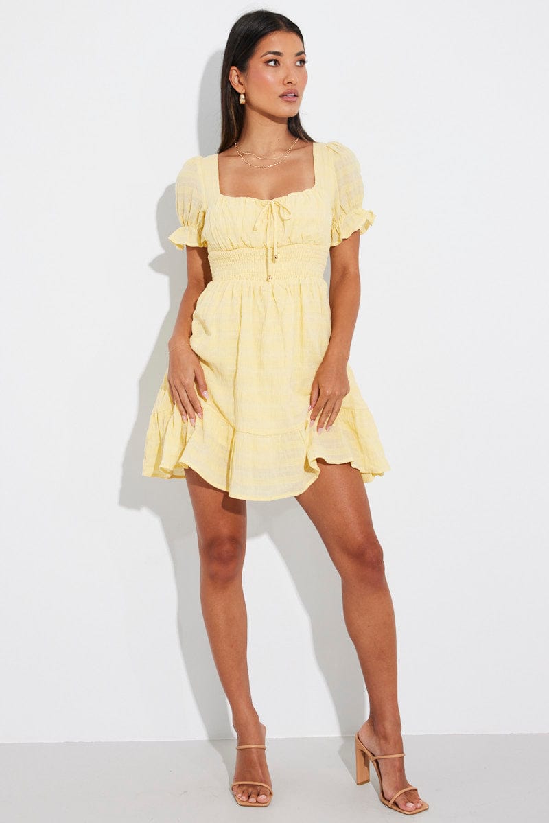 Yellow Fit And Flare Dress Puff Sleeve for Ally Fashion