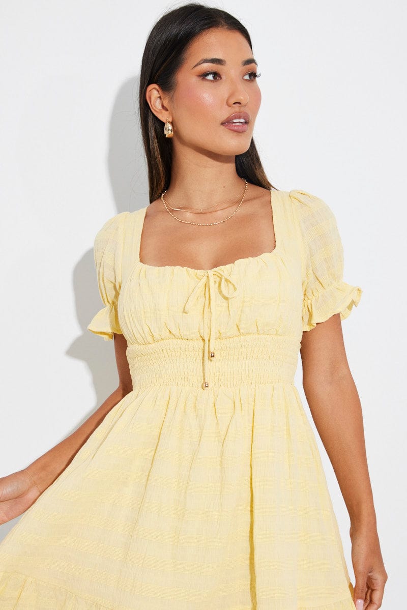 Yellow Fit And Flare Dress Puff Sleeve for Ally Fashion