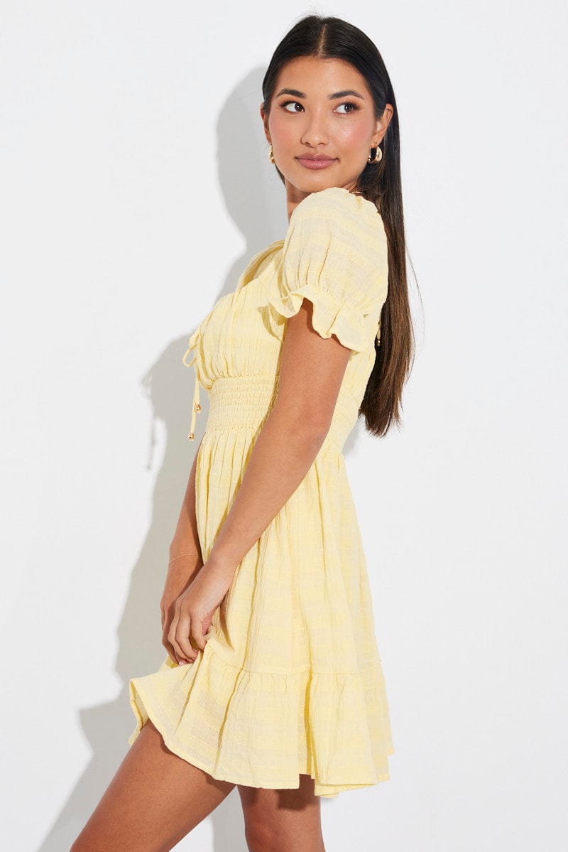 Yellow Fit And Flare Dress Puff Sleeve for Ally Fashion