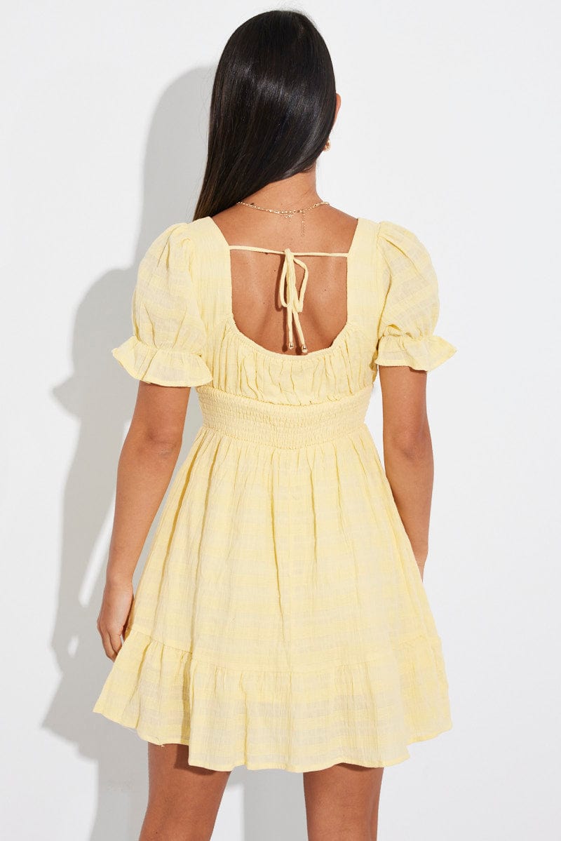 Yellow Fit And Flare Dress Puff Sleeve for Ally Fashion