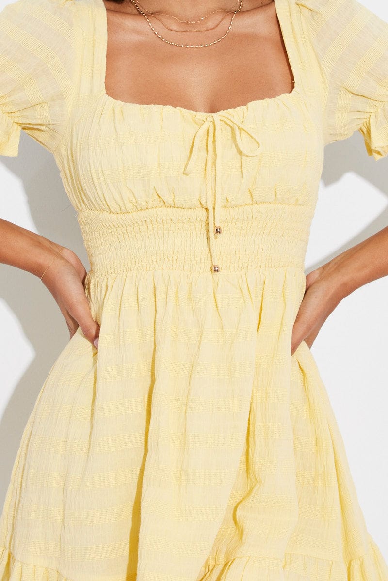 Yellow Fit And Flare Dress Puff Sleeve for Ally Fashion