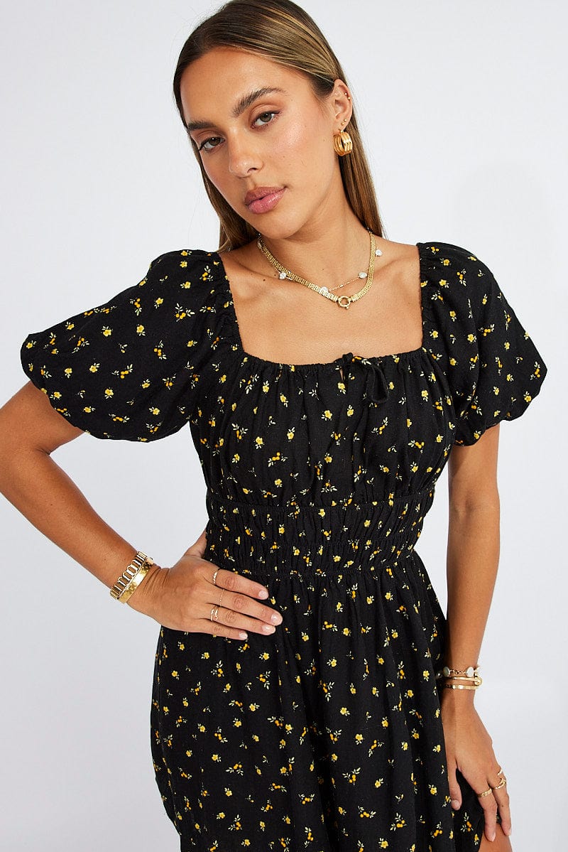 Black Floral Fit And Flare Dress Puff Sleeve Mini for Ally Fashion