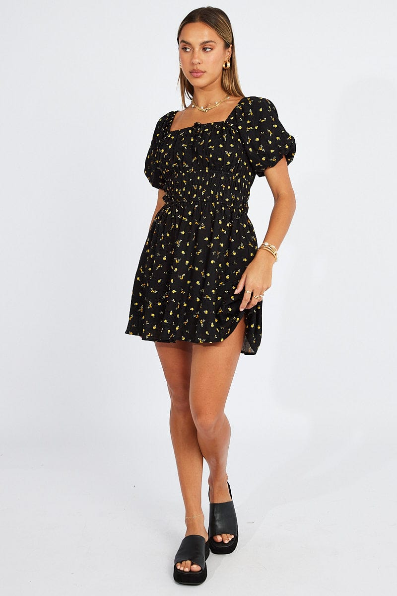 Black Floral Fit And Flare Dress Puff Sleeve Mini for Ally Fashion