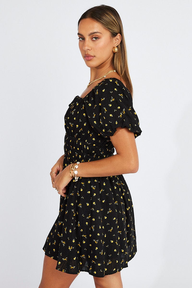 Black Floral Fit And Flare Dress Puff Sleeve Mini for Ally Fashion