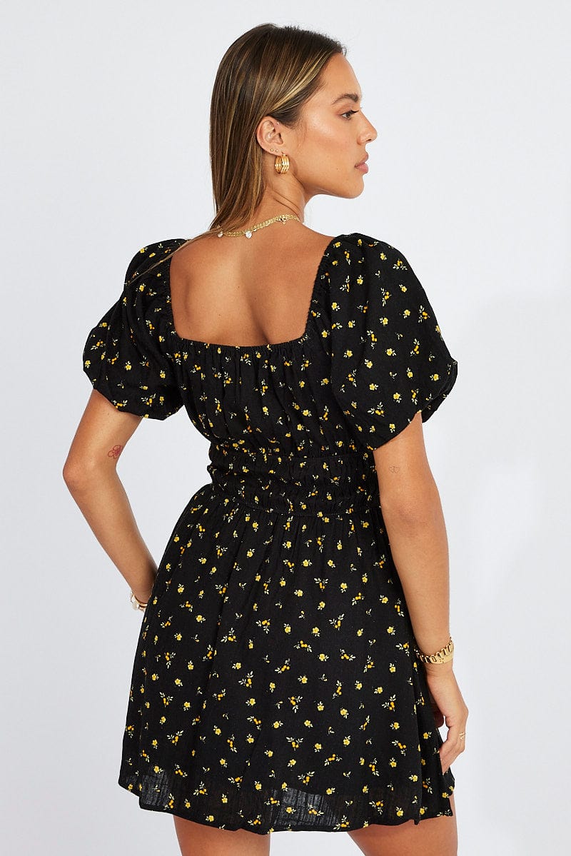 Black Floral Fit And Flare Dress Puff Sleeve Mini for Ally Fashion