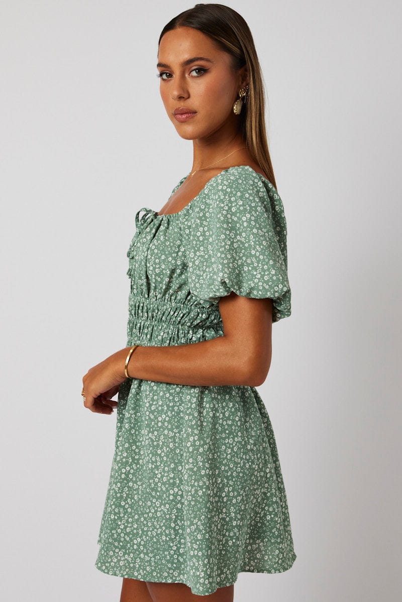 Green Ditsy Fit And Flare Dress Puff Sleeve Mini for Ally Fashion